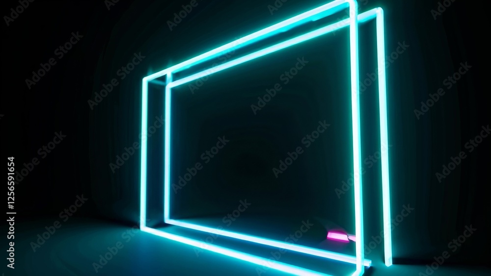 Poster turquoise neon light forming a rectangular frame glowing in a dark empty room with a magenta light s