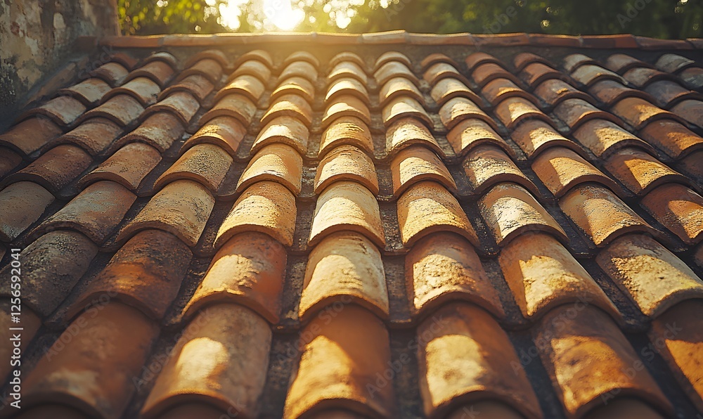 Poster sunlight filtering over an old weathered terracotta tiled roof creating a textured background