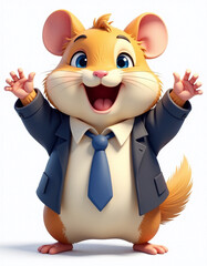 Handsome hamster with blue eyes in shirt with tie and jacket rejoices success on white background