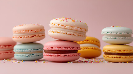 Fototapeta premium A stack of colorful macarons in pastel shades of pink, yellow, and blue on a soft pink background, with scattered sprinkles adding a festive and sweet touch
