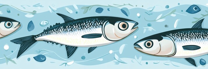 Graphic layout for fresh seafood advertising featuring vibrant fish illustrations