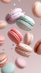 Obraz premium Floating pastel-colored macarons captured in mid-air with crumbs and sprinkles, creating a dreamy and weightless effect against a soft pink background