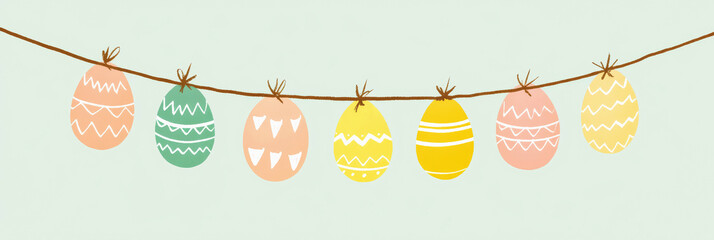 Delicate pastel Easter eggs hang sweetly from a string, bringing a touch of spring joy. Banner