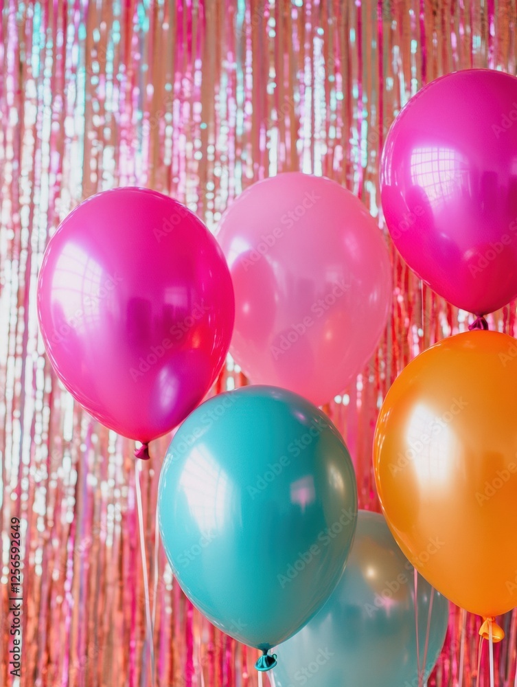 Aufkleber festive party backdrop with colorful balloons and shimmering tinsel for a vibrant celebration setup.