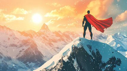 Majestic superhero overlooking snowy mountains at sunrise, epic inspirational artwork. Solar Flare Warriors. Illustration