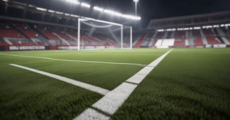Close-up of football field's white yard lines and goalposts under bright stadium floodlights, floodlight, football field, close up