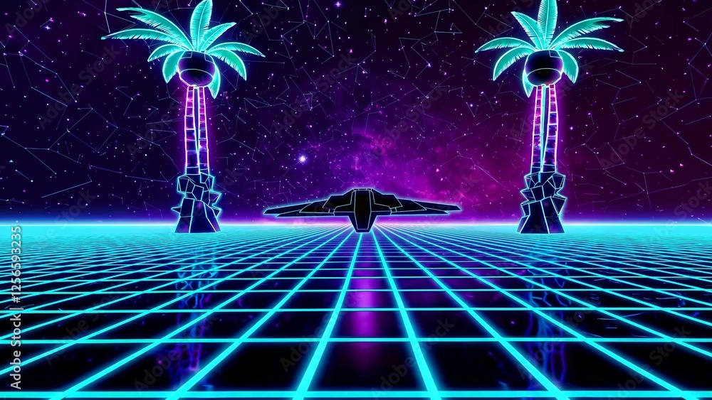 Aufkleber retro futuristic spaceship soaring over a vibrant grid, surrounded by palm trees in a synthwave land