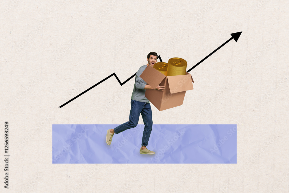Aufkleber trend artwork sketch design montage 3d collage of trader business target charts stats young man walk