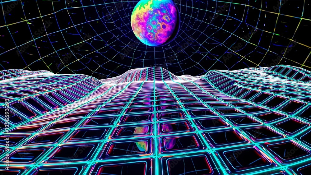 Poster colorful planet illuminating retro futuristic neon grid landscape with glowing lines and squares, cr