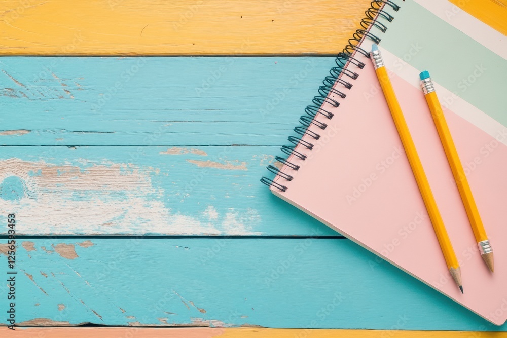 Poster Bright wooden desk features a notebook and pencils with ample space for creative writing and note taking activities. Generative AI