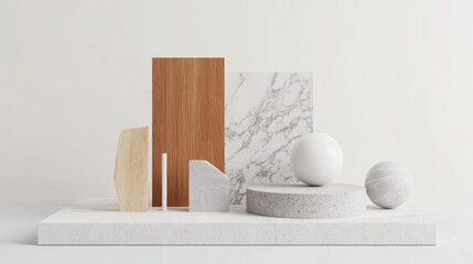 Modern Minimalist Still Life Featuring Wood Marble and Stone Elements