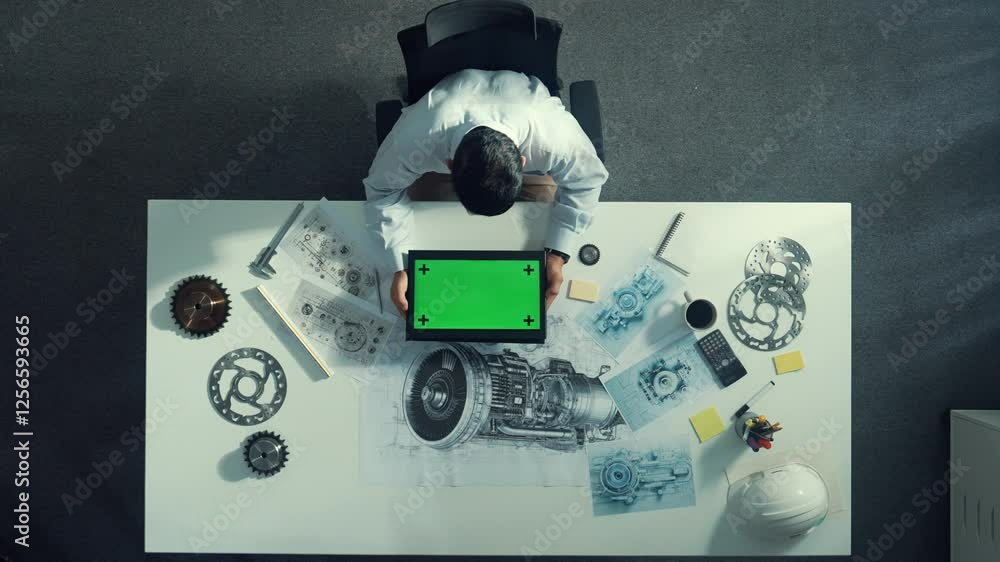 Poster top view of skilled engineer writing in paper while looking at tablet display green screen with turb