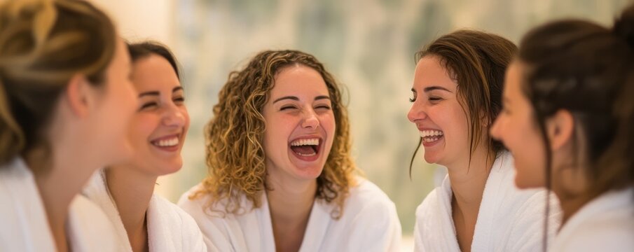 Caucasian young women laughing and relaxing in spa setting