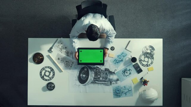 Top view of skilled engineer writing in paper while looking at tablet display green screen with turbine engine sketch design and metal gear and architectural equipment scatter around. Alimentation.