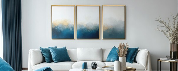 Modern living room interior with abstract wall art and cozy white sofa
