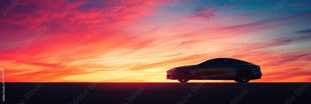 Poster sleek car silhouette against a vibrant sunset sky with ample space for text. generative ai