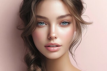 Fototapeta premium Beautiful woman with clear skin and captivating blue eyes on a soft pink background