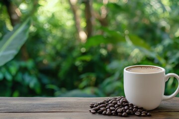 Coffee cup on a wooden table with organic beans and a plantation backdrop featuring empty space for text