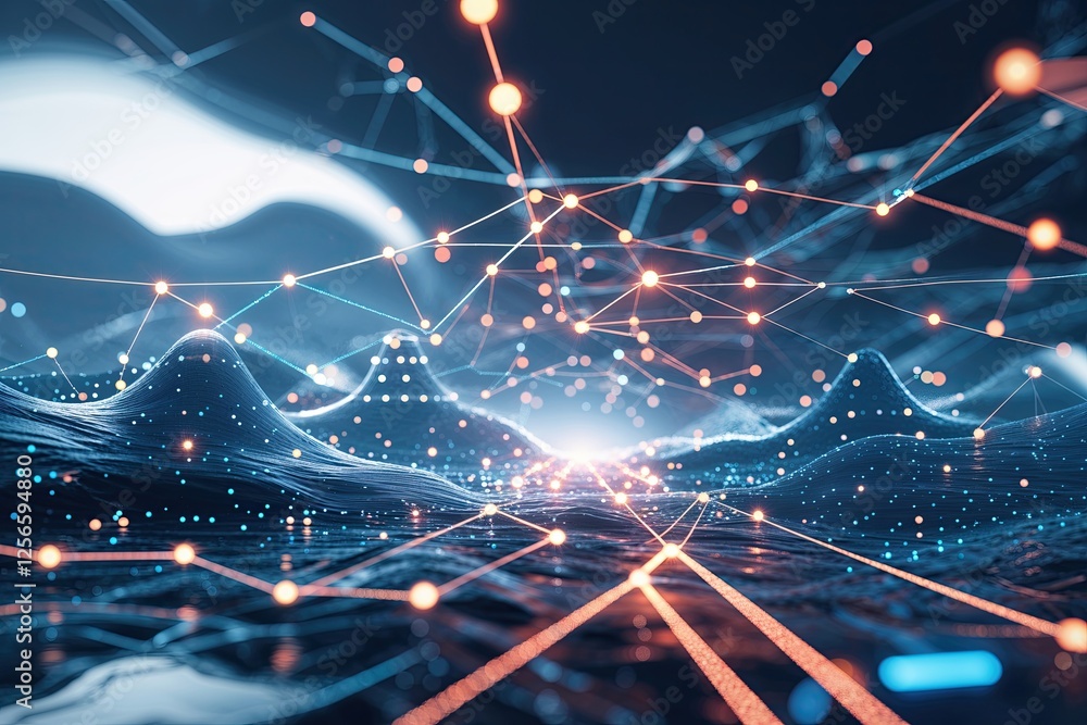 Poster futuristic digital landscapes featuring lines and dots as connection symbols for big data understand