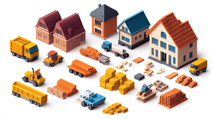 Fototapeta premium Construction Site with Houses and Vehicles Low Poly Model