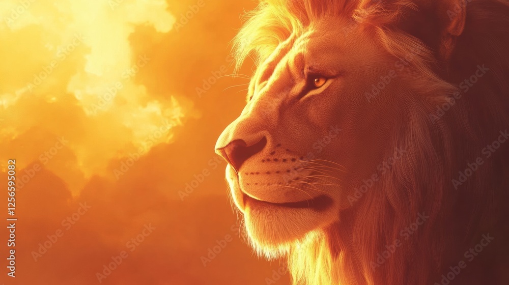 Poster regal lion with glowing golden mane illuminated by sunset light and space for text. generative ai