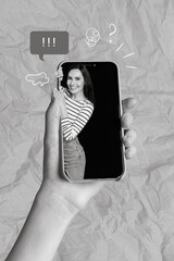 Vertical collage picture of arm hold telephone display mini positive girl talking isolated on...