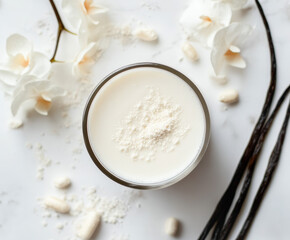 top view of A white nutritional shake product surrounded by vanilla. Clean and modern setup with natural lighting emphasizing the diverse flavor options