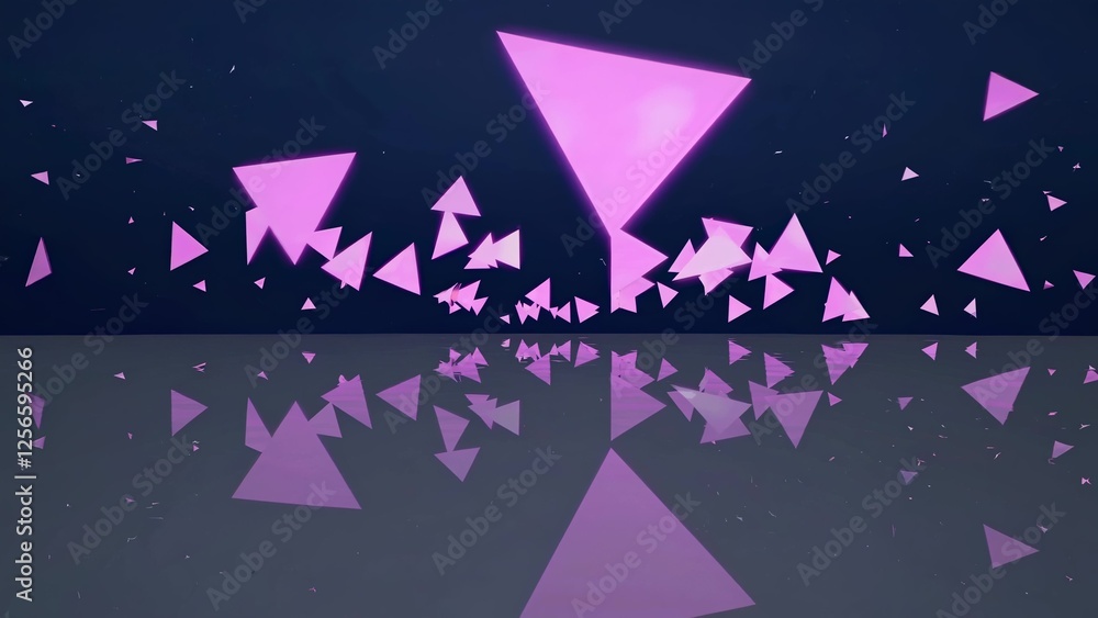 Poster pink neon triangles are floating above a reflective surface, creating a vibrant and dynamic abstract