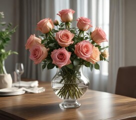 Obraz premium Elegant roses arranged in a glass vase on a dining table, roses, romantic evening , floral art