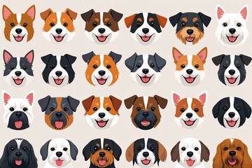 Obraz premium Whimsical Flat Style Icon Set of Cheerful Dog Faces Featuring Amusing Mixed Breeds