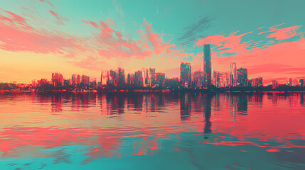 Fototapeta premium Futuristic glitching cityscape reflecting on water at sunset. Glitching Reality. Illustration