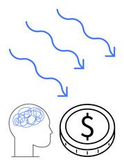 Curved arrows flow from a tangled brain outline to a dollar coin, symbolizing ideas transforming into monetary outcomes. Ideal for innovation, finance, creativity, problem-solving, productivity