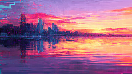 Naklejka premium Futuristic glitching cityscape reflecting on water at sunset. Glitching Reality. Illustration