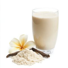 vanilla protein powder next to a glass of vanilla milk on a white background, vanilla flowers, high-resolution photo