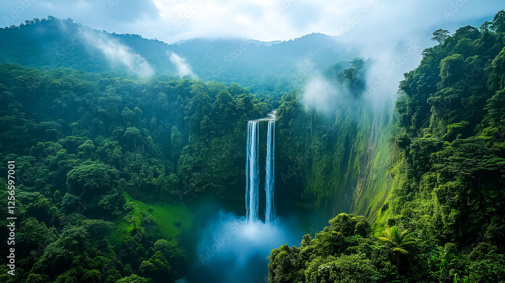 Poster water flows powerfully from a high cliff into a verdant valley surrounded by dense rainforest and mi
