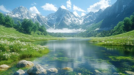 Fototapeta premium Serene mountain landscape with a clear lake reflecting the sky, surrounded by lush greenery and flowers