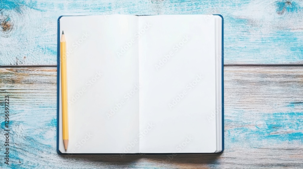 Aufkleber open notebook and pencil on a bright wooden desk ready for creative writing or note taking in a spac