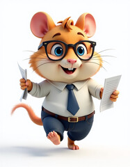 A handsome hamster runs to work with papers in his hands in a shirt with a tie and glasses on a white background