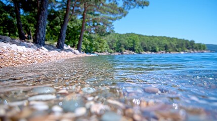 Fototapeta premium Calm lake, pebble beach, trees, summer. Vacation postcard