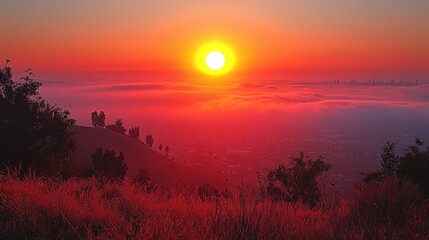 Obraz premium A vibrant sunset over a misty landscape, showcasing nature's beauty.