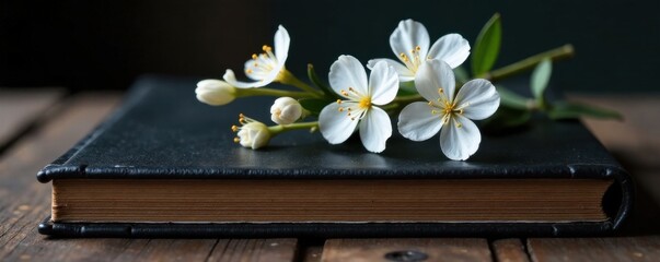 Fototapeta premium Delicate silver flowers on black leather bound book , flower, luxury, leather