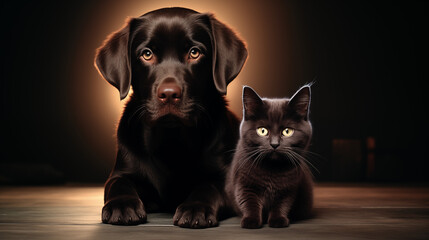 Fototapeta premium Photo d'un chat et d'un chien de couleur sombres sur un fond sombre avec lueur de lumière derrière. Silhouette. Animal, animaux domestiques, de compagnie. Pour conception et création graphique.