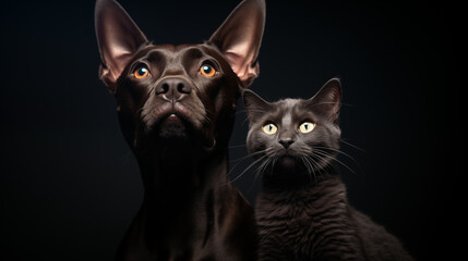 Photo d'un chat et d'un chien de couleur sombres sur un fond sombre avec lueur de lumière derrière. Silhouette. Animal, animaux domestiques, de compagnie. Pour conception et création graphique.
