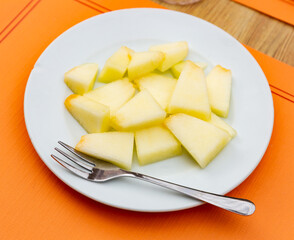 Image of melon, sliced, tasty, beautiful presentation on plate