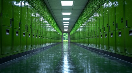 Fototapeta premium A lush green school hallway adorned with natural elements, featuring lockers, light streaming in, creating an organic, inviting space that encourages learning and growth.
