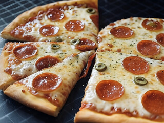 A close-up of a freshly baked pepperoni pizza sliced into wedges. The golden-brown crust is topped with melted cheese, savory pepperoni slices, and a few green olives, creating a classic Italian-Ameri