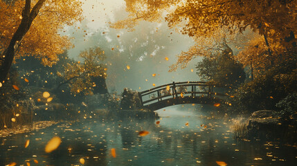 Serenity Embraced by Autumn Leaves, Tranquil Bridge Over Calm Water Surrounded by Golden Foliage in Peaceful Nature Scene at Dusk