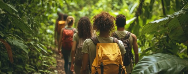 Group of diverse young adults hiking in lush tropical jungle with backpacks