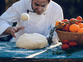 A professional chef in a white uniform skillfully tossing a ball of pizza dough in the air. Fresh ingredients like tomatoes, oranges, and herbs are arranged nearby, highlighting a dynamic and creative