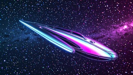 Obraz premium Futuristic spaceship with glowing neon lights is traversing the galaxy, surrounded by a breathtaking, starry backdrop, creating a mesmerizing scene of interstellar travel
